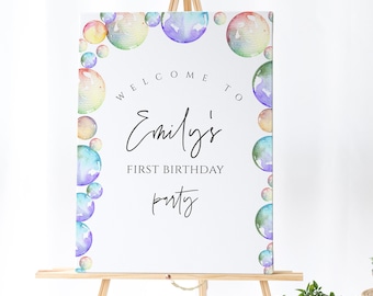 Letrero de cumpleaños de burbujas: decoración con temática de burbujas, letrero de bienvenida de burbujas, pasteles, decoraciones de cumpleaños de burbujas, fiesta infantil, descarga instantánea editable