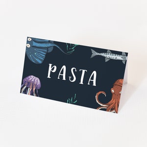 Bajo las etiquetas de comida de mar - Decoración de fiesta de cumpleaños temática del océano, bajo la tienda de comida de mar, favores de niños bajo el mar, descarga instantánea editable