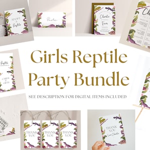 Girls Reptile Party Decor Bundle - Reptile Birthday Invitation, Reptile Party Supplies, Reptile Party Decorations Pink, Editable Download