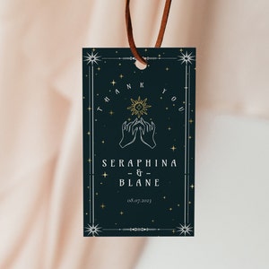 Etichette bomboniere per carte dei Tarocchi - Decorazioni per matrimoni lunari, Decorazioni per matrimoni stellari, Etichetta regalo per matrimoni celesti, Oro, Download immediato stampabile modificabile