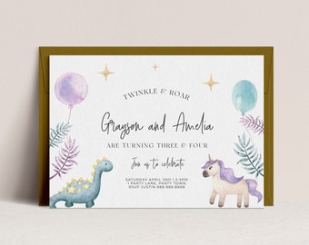 Unicorn and Dinosaur Invitation -Joint Birthday Invitation, Dinosaur and Unicorn Party, Sibling Birthday Party Invitation, Editable Download