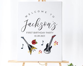 One Rocks Party Decor - Rock Birthday Party Welcome Signs, Guitar Birthday Decor, Music Theme Birthday Party Sign, Editable Download