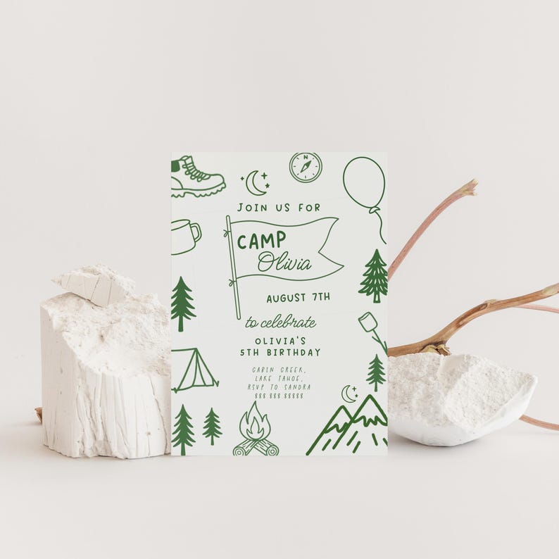 May include: A white invitation card with green illustrations and text. The card reads "Join us for Camp Olivia" with details for a 5th birthday celebration, including the date, location, and RSVP information. The design includes camping-themed icons.