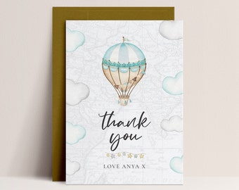 Hot Air Balloon Baby Shower Thank You Card - Hot Air Balloon Baby Shower Decor, Baby Shower Boy, Blue, Clouds, Editable Instant Download