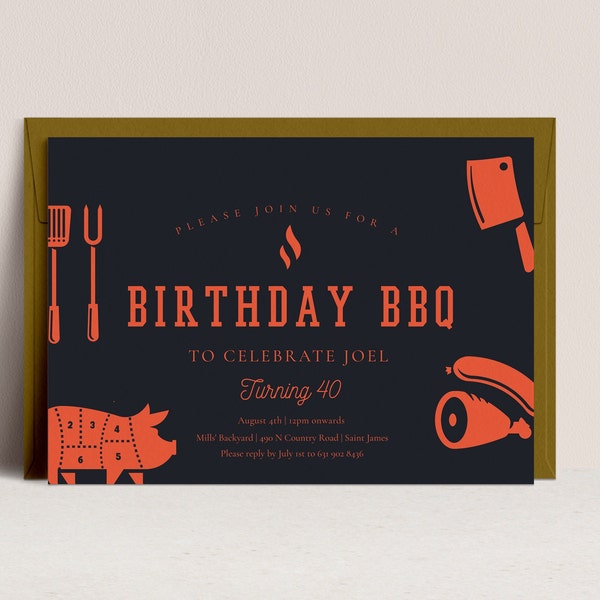 BBQ Invitation - BBQ Birthday Invitation, BBQ Party Invitation, Backyard Invitation, Barbecue Party Invite, Editable Instant Download