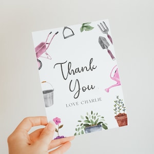 Cartão de agradecimento de aniversário de jardinagem - festa de jardinagem, aniversário do mercado de fazendeiros, agradecimento de aniversário de meninas, plantas, download instantâneo editável