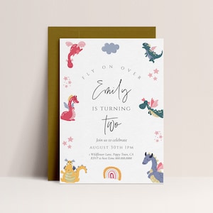 Drachen-Geburtstags-Einladung -Drachen-Geburtstags-Einladung Pink, Drachen-Thema, Fantasy-Einladung, Mädchen-Geburtstag, Regenbogen-bearbeitbare Sofort-Download
