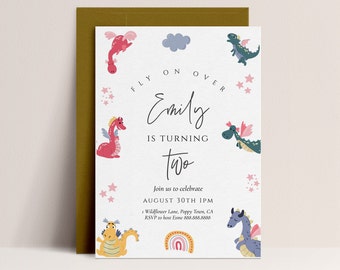 Dragon Birthday Invitation -Dragon Birthday Invite Pink, Dragon Theme, Fantasy Invitation, Girls Birthday, Rainbow Editable Instant Download