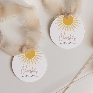 Sun Birthday Favor Tag - Sun Birthday Gift Tag, First Birthday, Sunshine Birthday Decor Girls, Sun Cupcake Toppers, Boho Editable Download
