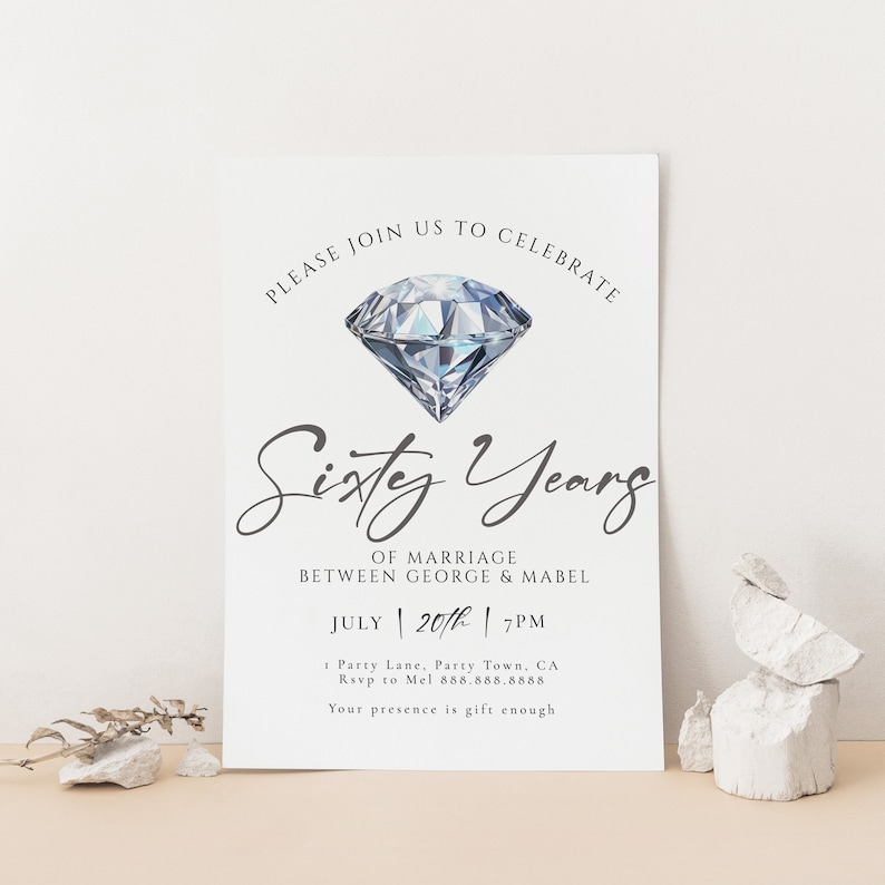 60th Wedding Anniversary Invite Template-60th Anniversary Party Invitation, Diamond Anniversary Decor, Vow Renewal invite, Editable Download image 8