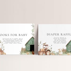 Cartão de rifa de fraldas e livro de chá de bebê de animais de fazenda - Decoração de chá de bebê com tema de trator, inserções de convite de fazenda, download editável de celeiro