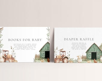 Libro de baby shower de animales de granja y tarjeta para rifa de pañales: decoración para baby shower con temática de tractor, insertos de invitación de granja, descarga editable de granja