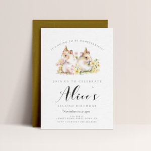 May include: A white invitation card with a watercolor illustration of two hamsters wearing party hats. The text reads "It's going to be hamsterrrific!" and "Join us to celebrate Alice's Second Birthday, November 1st @ 2pm, Tea Party, Party Road, Party Town, CA, RSVP Courtney 858.558.5558."