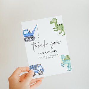 Dinosaurier und Konstruktion Geburtstags-Dankeskarte - Geschwister Geburtstagsdekor, gemeinsame Geburtstagsdekoration, Jungen Geburtstag, bearbeitbar Sofort Download