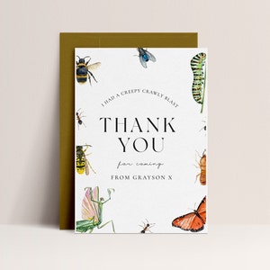 Cumpleaños de insectos gracias tarjeta-fiesta de cumpleaños de insectos, cumpleaños de insectos de insectos, fiesta de insectos, cumpleaños de la naturaleza, descarga instantánea editable de insectos caprichosos