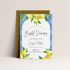 Lemon Bridal Shower Invitation - Mediterranean Bridal Shower Invite, Blue Tile, Italian Bridal Shower Invite, Editable Printable Download