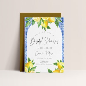 Lemon Bridal Shower Invitation - Mediterranean Bridal Shower Invite, Blue Tile, Italian Bridal Shower Invite, Editable Printable Download