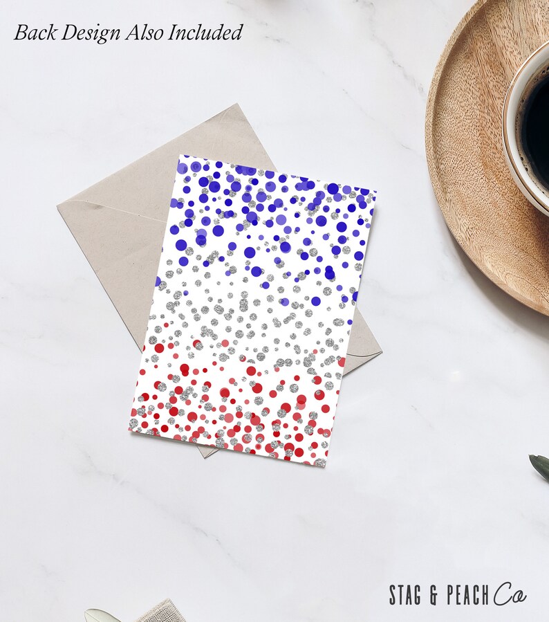 May include: A white card with a red, white, and blue confetti pattern. The card has the text "STAG & PEACH Co." at the bottom.