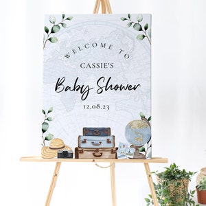 Reizen baby shower welkom teken - reizen thema babyshower, reizen babyshower, vintage kaart avontuur Globe, afdrukbare Instant Download