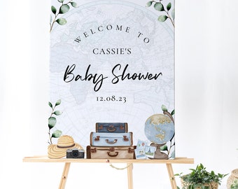 Travel Baby Shower Welcome Sign - Travel Themed Baby Shower, Travel Baby Shower, Vintage Map Adventure Globe, Printable Instant Download