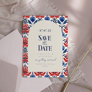 Mexican Wedding Save The Date Template-Blue & Red Talavera Wedding Invitation, Mexico Wedding Invitation Template, Editable Digital Download