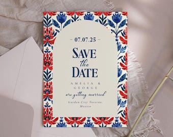 Meksykański szablon zaproszenia ślubnego Save The Date – niebiesko-czerwone zaproszenie ślubne Talavera, szablon zaproszenia ślubnego w Meksyku, edytowalny plik cyfrowy do pobrania