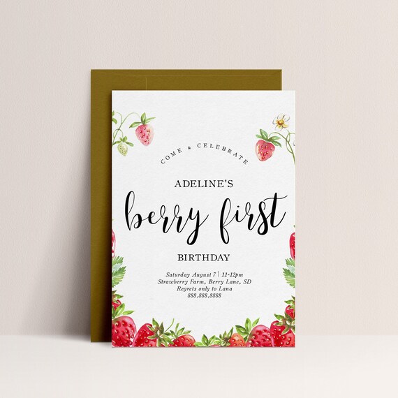 Berry First Birthday Invitation- Strawberry Invitation, 1st Birthday Party, Strawberry Invite, Berry First Invite,Editable Instant Download