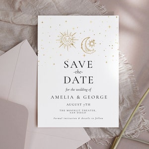 Boda celestial Guardar la tarjeta de fecha - Plantilla de boda lunar, Invitación de boda celestial, Invitación de boda de estrellas, Descarga digital editable