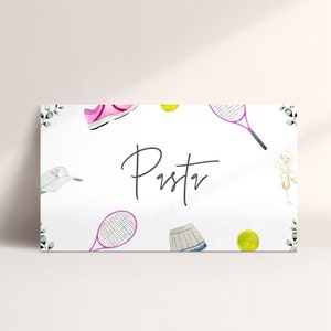 Etiqueta de comida para chá de panela de tênis - Decorações de festa temática de tênis, despedida de solteira de tênis, tênis rosa, cartão de nome de tênis, download editável