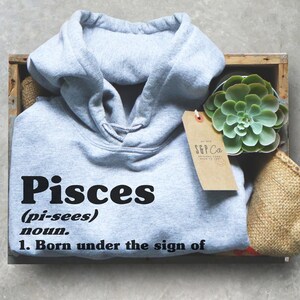 May include: A gray hooded sweatshirt with the word "Pisces" in black lettering, followed by the definition "(pi-sees) noun. 1. Born under the sign of".