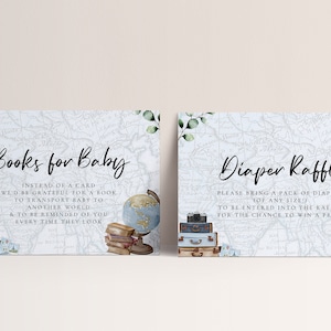 Carte du monde modifiable Baby Shower Book & Diaper Raffle Card - Travel Adventure Cards Boy, Travel Theme Baby Shower Invitation, Téléchargement instantané