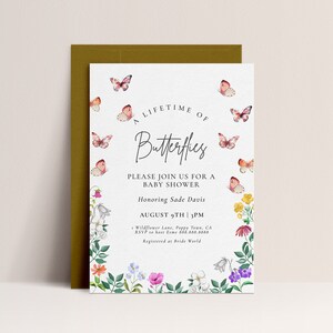 Invitación para despedida de soltera "Una vida de mariposas": invitación para despedida de soltera con mariposas y flores silvestres, descarga editable con flores.