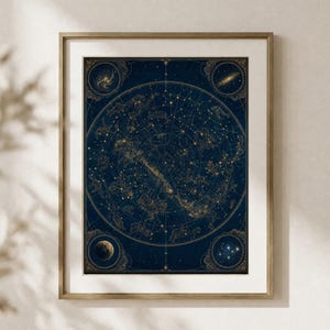 May include: A framed celestial map print featuring a dark blue background with gold constellations and star charts. The central circular design is surrounded by four smaller circular illustrations of galaxies, a moon, and a star cluster.