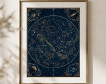 Puede incluir: Una impresión de mapa celestial enmarcada con un fondo azul oscuro con constelaciones y cartas estelares doradas. El diseño circular central está rodeado por cuatro ilustraciones circulares más pequeñas de galaxias, una luna y un cúmulo estelar.