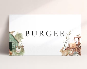 Puede incluir: Un cartel blanco con la palabra "BURGER" en letras negras. El cartel está decorado con ilustraciones de acuarela de un granero verde, gallinas, un tractor, un conejo y follaje verde.