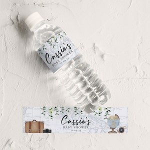 Etiquetas de botellas de viaje - Decoración de fiesta de baby shower de viaje, tema de viaje Baby Shower azul, pegatinas de botellas de mapa mundial, descarga instantánea editable