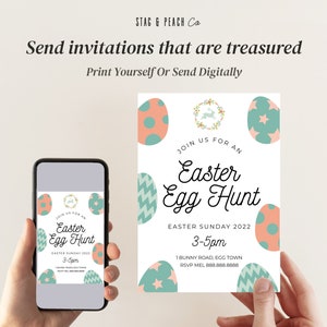 May include: Printable Easter Egg Hunt invitation with a bunny rabbit and pastel colored eggs. The invitation says "Join us for an Easter Egg Hunt" and includes the date, time, and location.