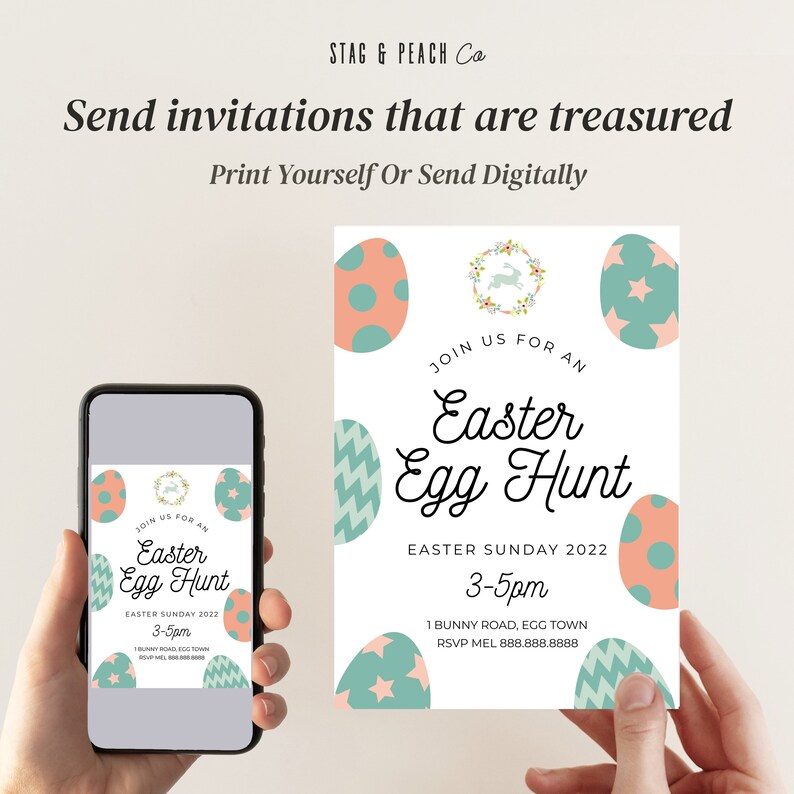 May include: Printable Easter Egg Hunt invitation with a bunny rabbit and pastel colored eggs. The invitation says "Join us for an Easter Egg Hunt" and includes the date, time, and location.