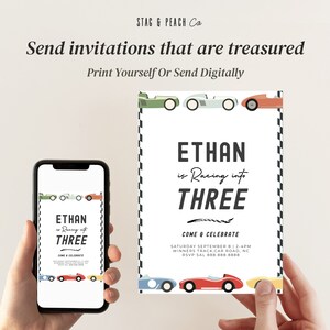 May include: A printable birthday invitation for a boy turning three. The invitation features a black and white chequered background with a red, yellow, and blue racing car design. The text reads "Ethan is Racing into Three" with a black and white chequered flag design. The invitation also includes the date, time, and location of the party.