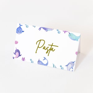 Tarjetas de lugar de cumpleaños de Narwhal - Decoración de fiesta de cumpleaños de Narwhal, Tema bajo el mar, Tienda de comida, Fiesta de cumpleaños de niñas, Descarga instantánea editable