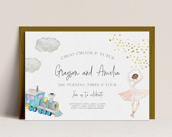 Train and Ballerina Invitation -Joint Birthday Invitation, Tutu Theme, Transportation Invite, Sibling Birthday Party, Editable Download