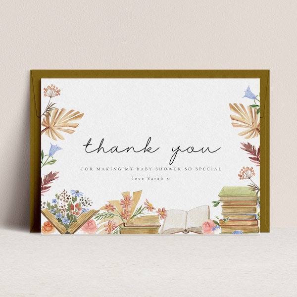 Storybook Baby Shower Thank You Card - Book Theme Shower Theme, Vintage Book Theme Baby Shower, Literary Theme, Editable Printable Download