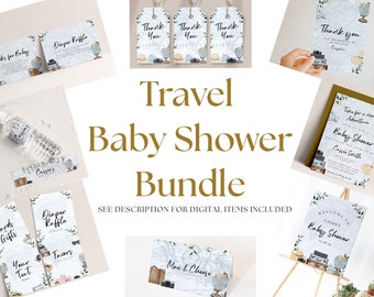 May include: A printable travel themed baby shower bundle with a watercolor globe, suitcases, and greenery. The bundle includes a welcome sign, invitation, thank you tags, water bottle labels, diaper raffle, and favors.
