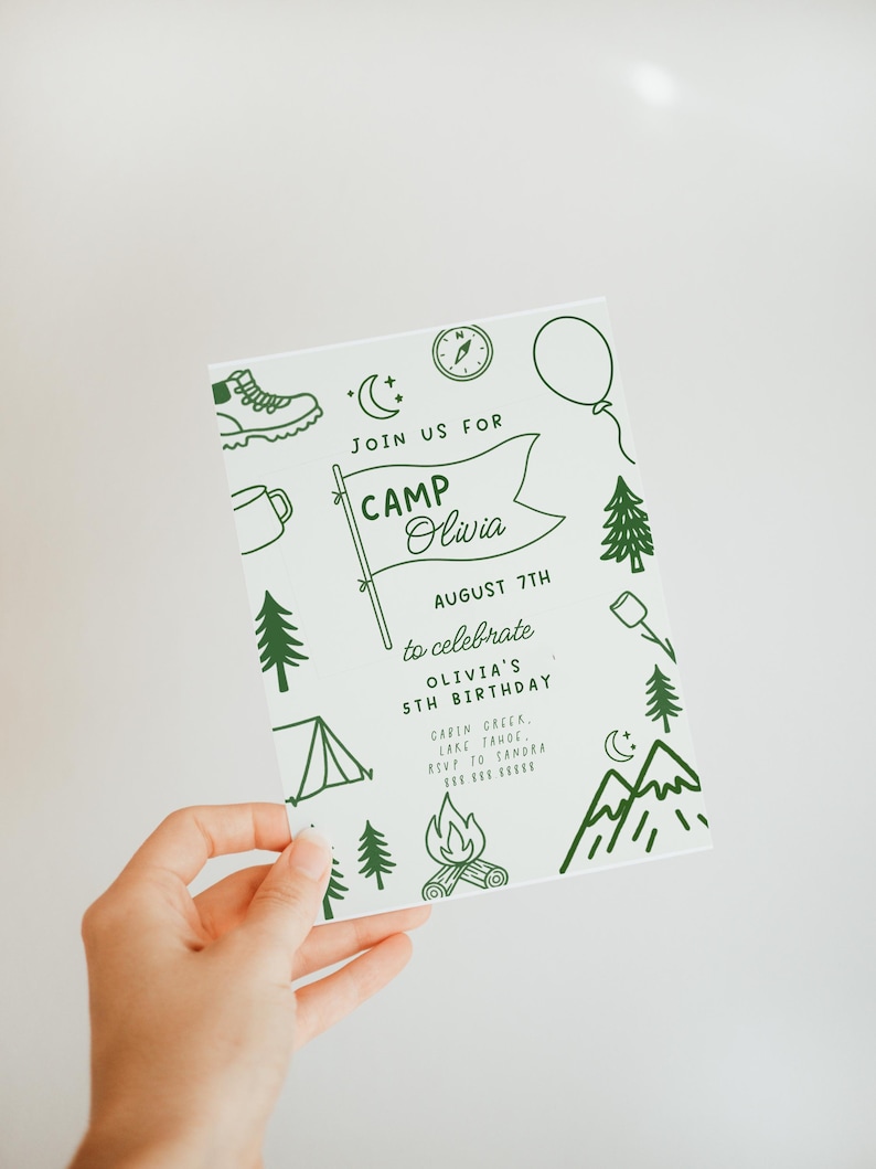 May include: A white invitation card with green illustrations and text. The card reads "Join us for Camp Olivia" and includes camping-themed graphics like a tent, trees, and a campfire. The invitation is for Olivia's 5th birthday.
