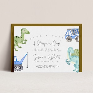 Dinosaur and Construction Birthday Invitation - Joint Birthday Invitation, Construction and Dinosaur, Sibling Birthday, Editable Download