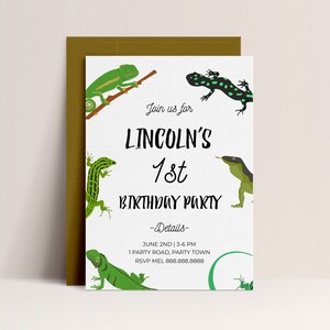 May include: A white invitation card with green and black lizard illustrations. The text on the card reads "Join us for Lincoln's 1st Birthday Party" and includes details about the party date, time, location, and RSVP information.