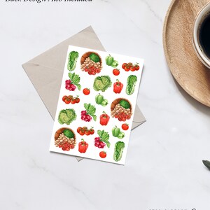 May include: A sheet of stickers featuring a variety of colorful vegetables and fruits, including red tomatoes, green peppers, white onions, and red radishes. The stickers are arranged in a repeating pattern on a white background.