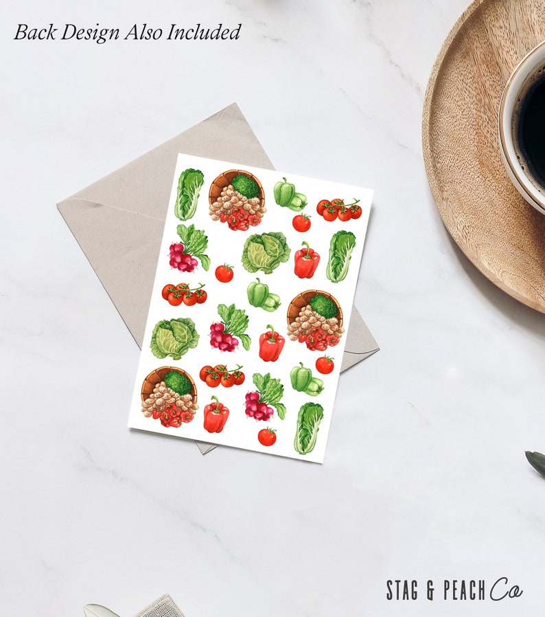 May include: A sheet of stickers featuring a variety of colorful vegetables and fruits, including red tomatoes, green peppers, white onions, and red radishes. The stickers are arranged in a repeating pattern on a white background.