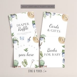 Sinais de chá de bebê com tema de jardim - Decoração de chá de bebê com tema de jardim, sinais de mercado de fazendeiros, chuveiro de jardinagem, download instantâneo editável