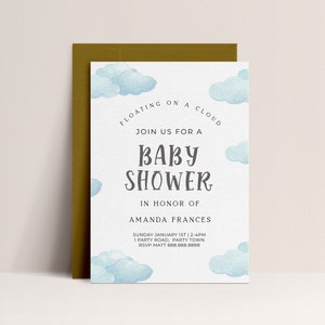 Wolken-Thema-Babyparty-Einladung - Babyparty einladen Jungen, Baby-Dusche einladen Blau, Wolke Geschlecht offenbaren, Wetter bearbeitbarer Download